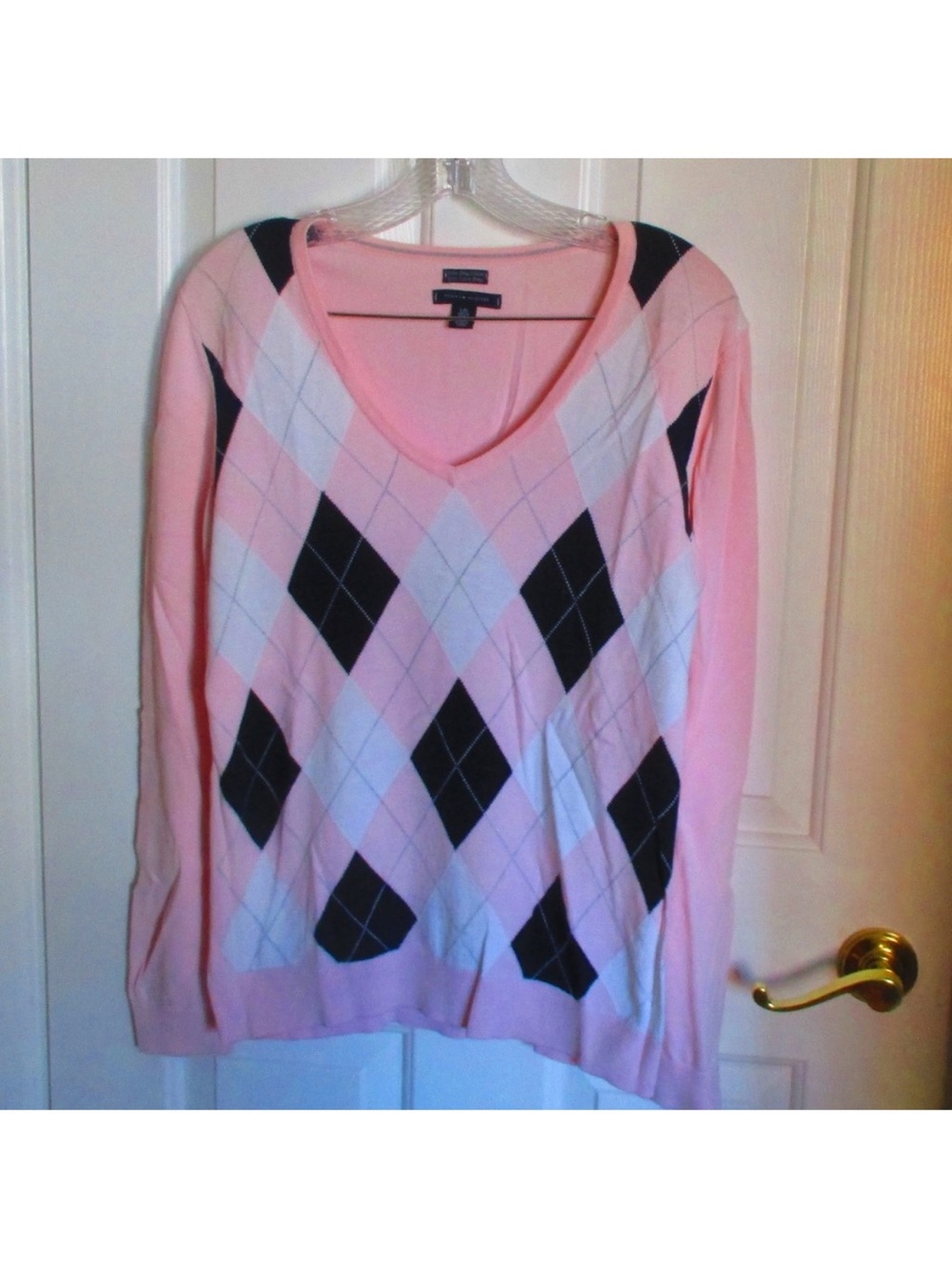 Tommy Hilfiger Pink Argyle V-Neck Sweater with Black & White Diamonds